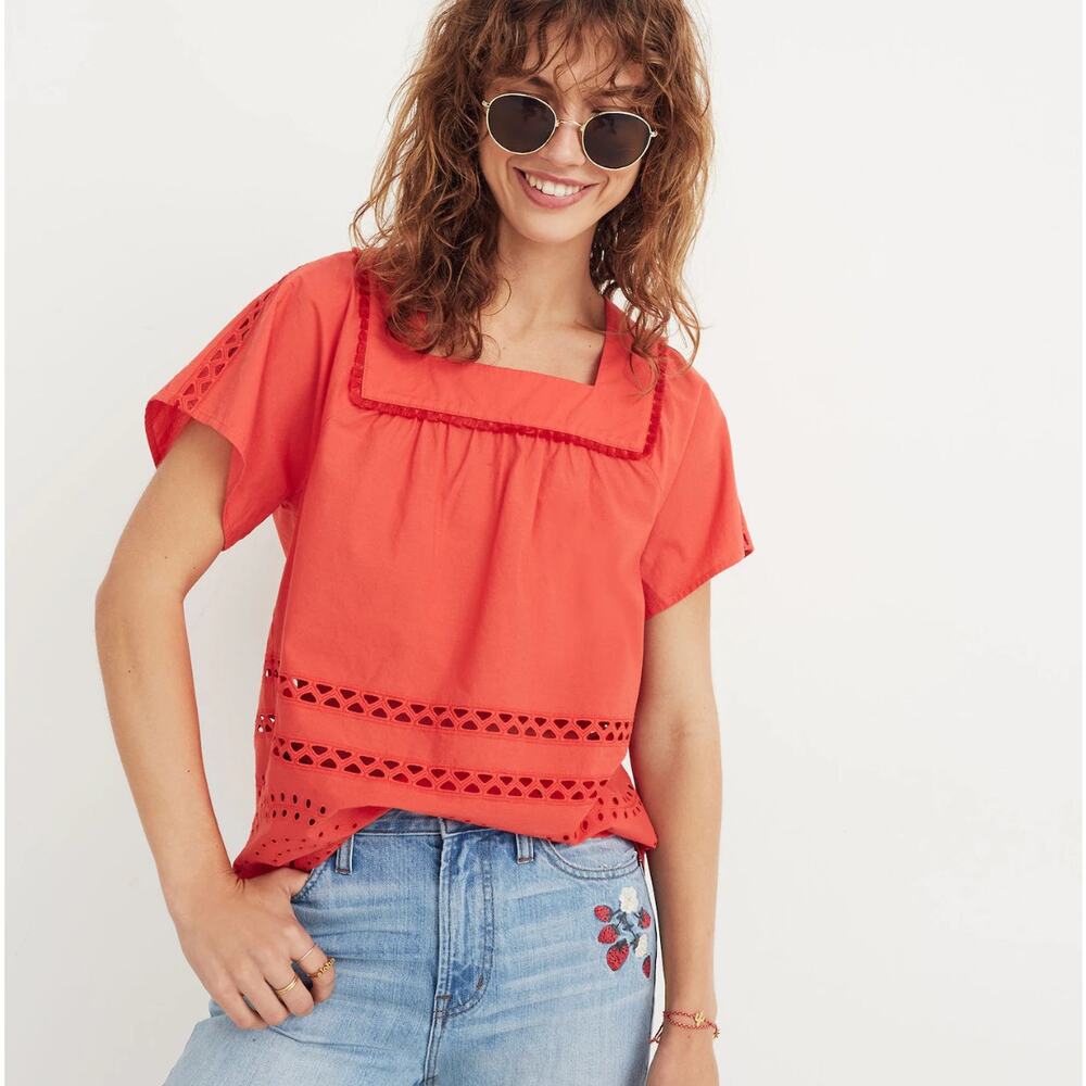 Madewell Coral Red Square-Neck Cutout Short-Sleeve Top